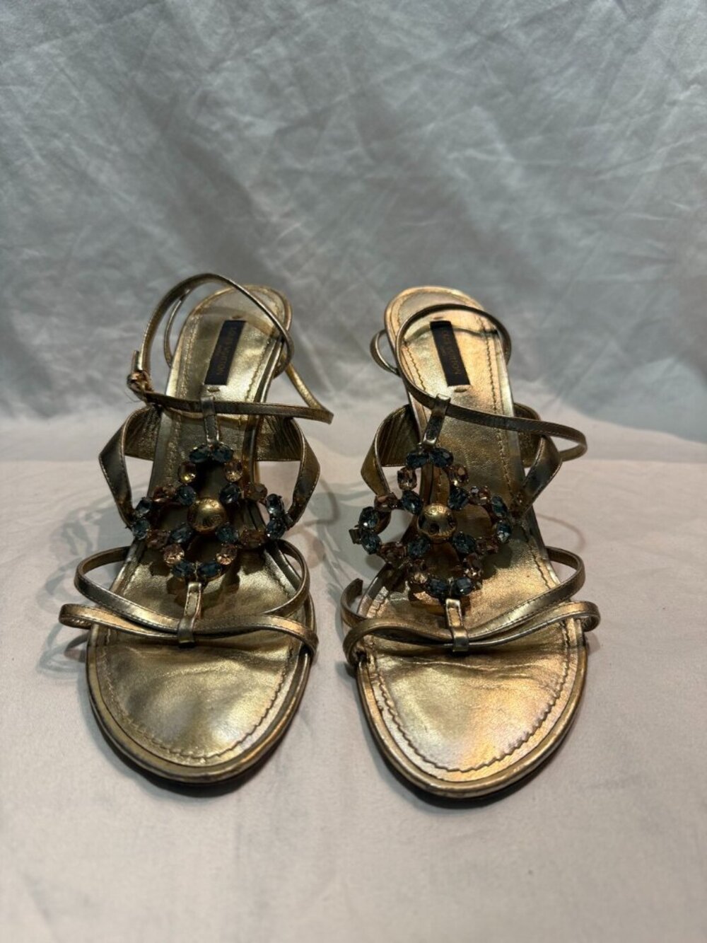 Louis Vuitton Metallic Gold Crystal Strappy Sandal LV Heel Sz 40